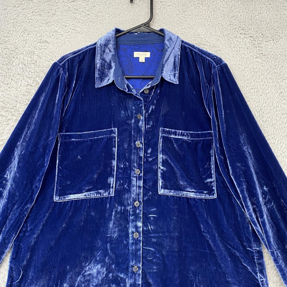 Pilcro Velvet Button Up Shirt Womens Medium Blue Collared Long‎ Sleeve Top - Picture 3 of 12